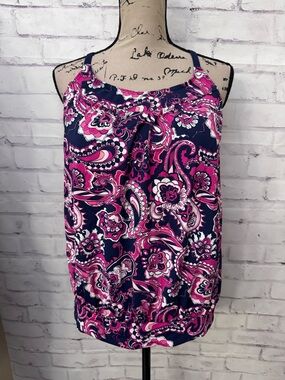 Lands' End 12 Blouson Blue Pink Paisley Floral Tankini Top Swimsuit Tummy Hiding